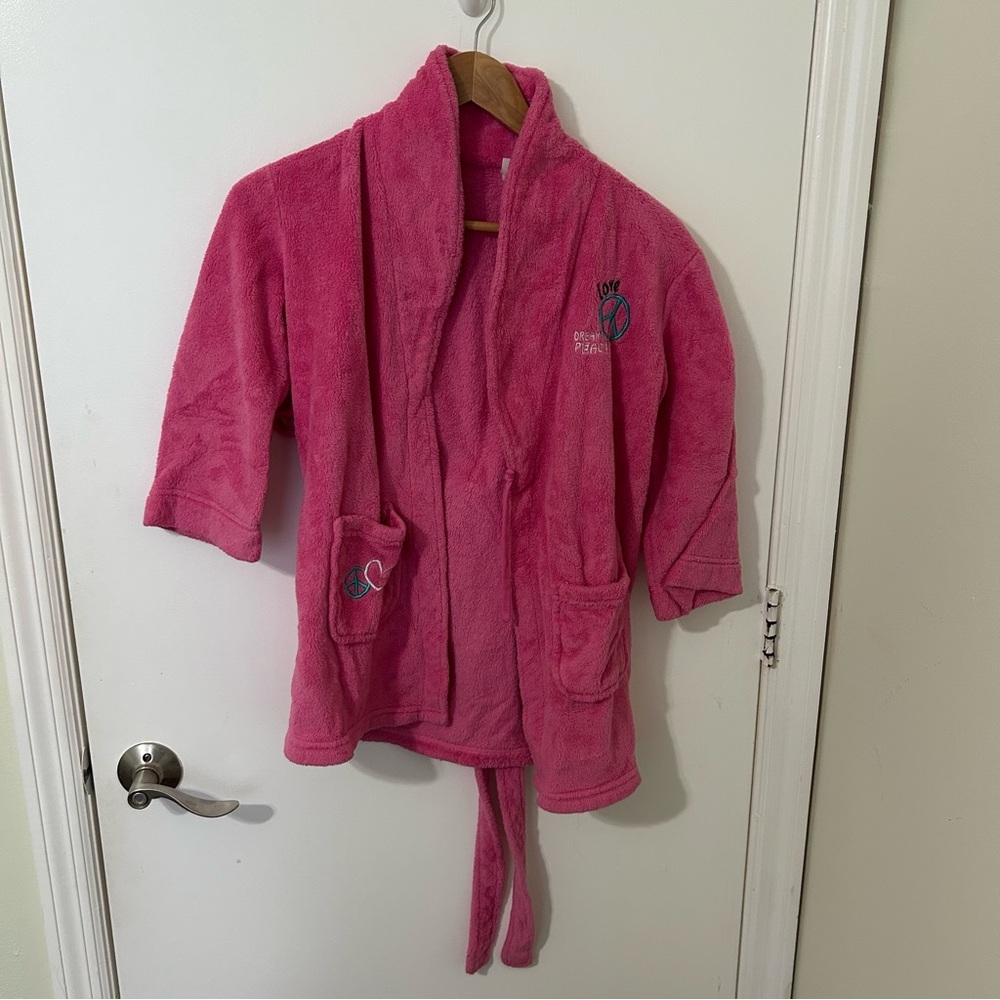 Pink Fleece Robe with Peace Love Embroidery – Size S